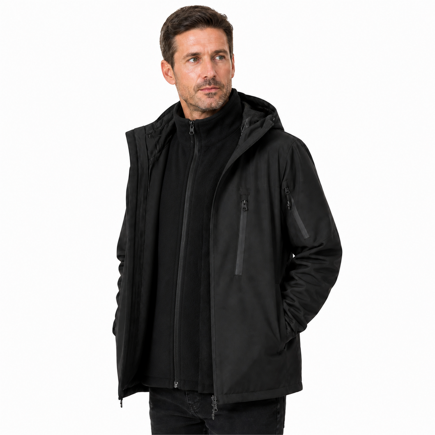 Men's Kestrel 3-in-1 jacket in black with the outer shell open and fleece fully zipped