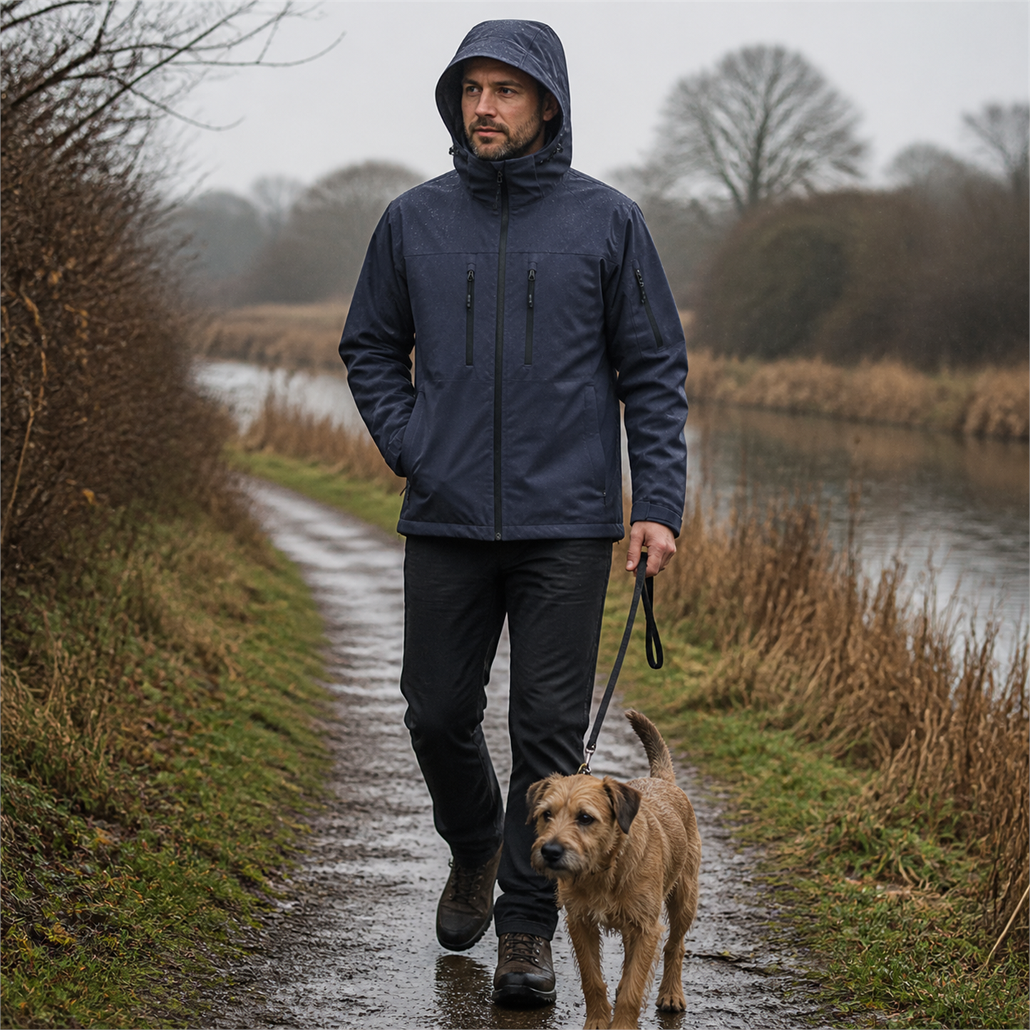 Men's navy Kestrel jacket on a wet British countryside dog walk