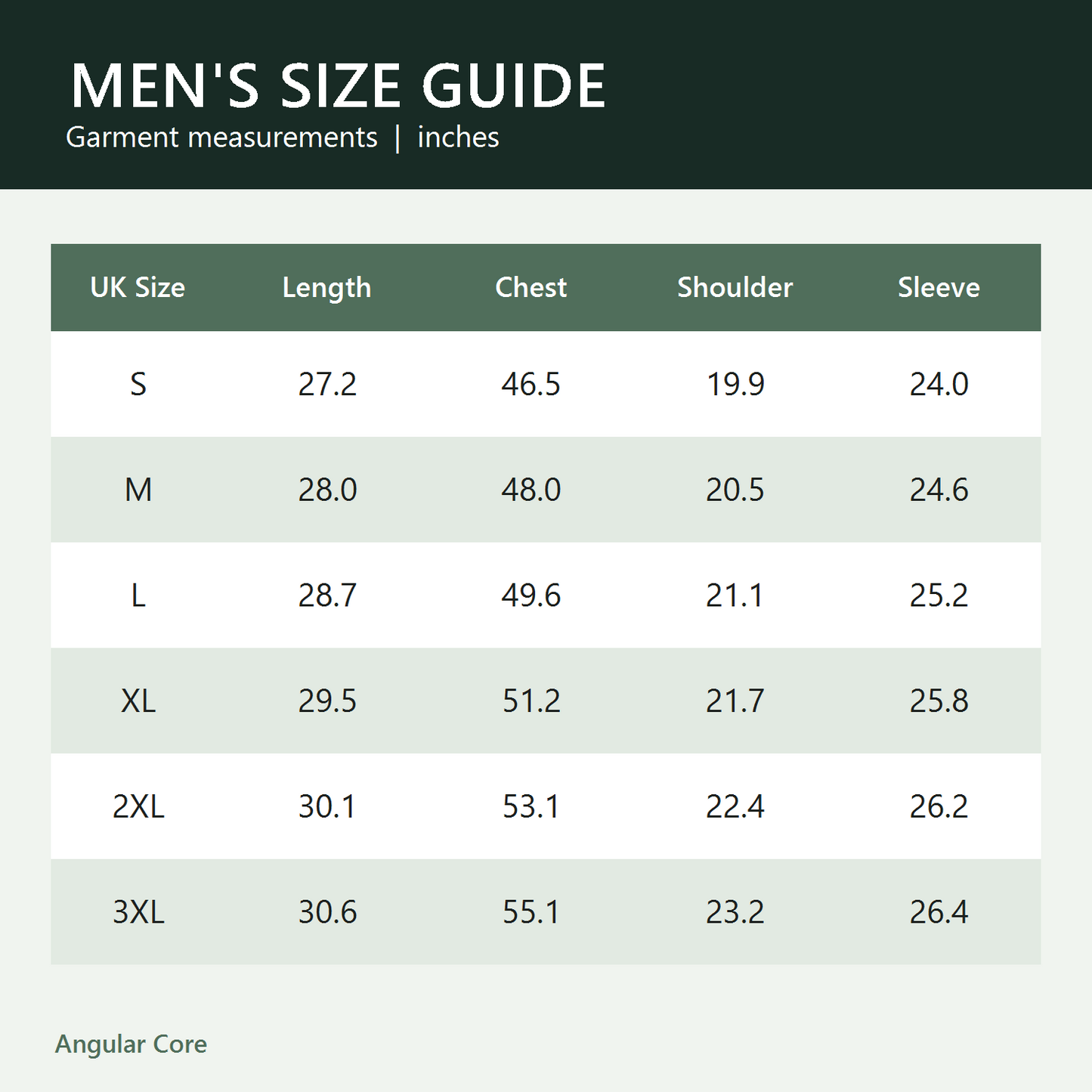 Men's Kestrel jacket size guide in inches