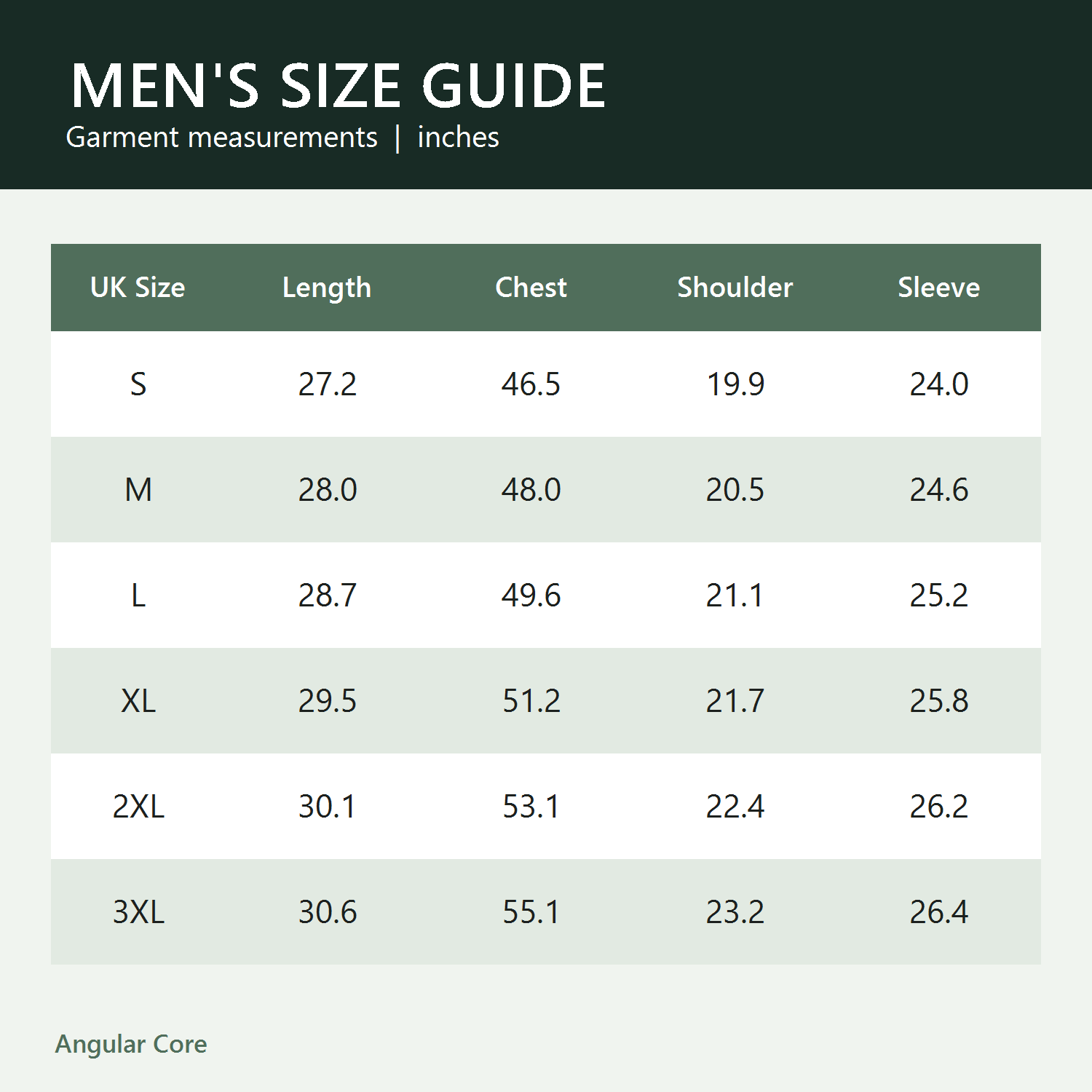 Men's Kestrel jacket size guide in inches