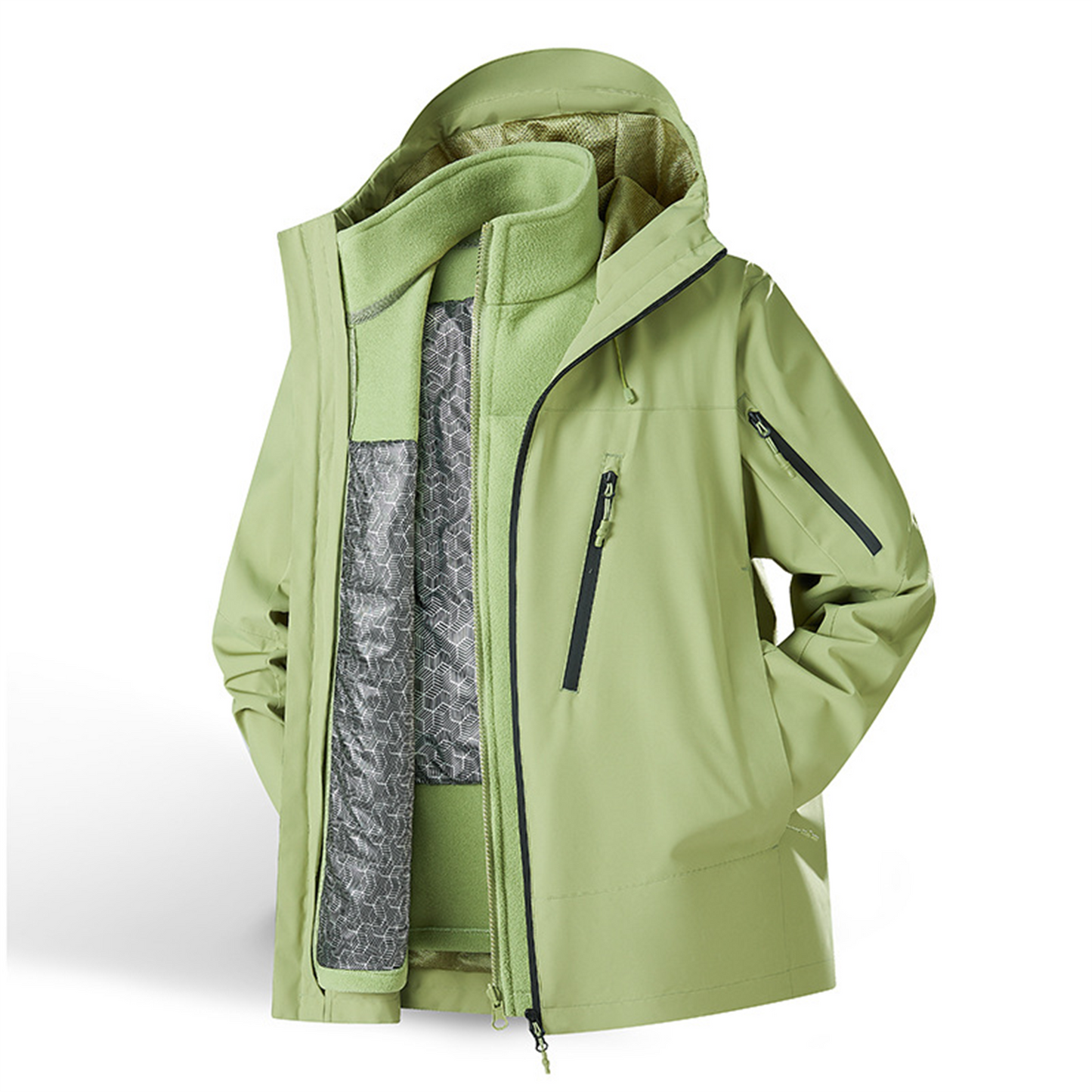 Kestrel 3-in-1 outdoor jacket in sage green, front view on white
