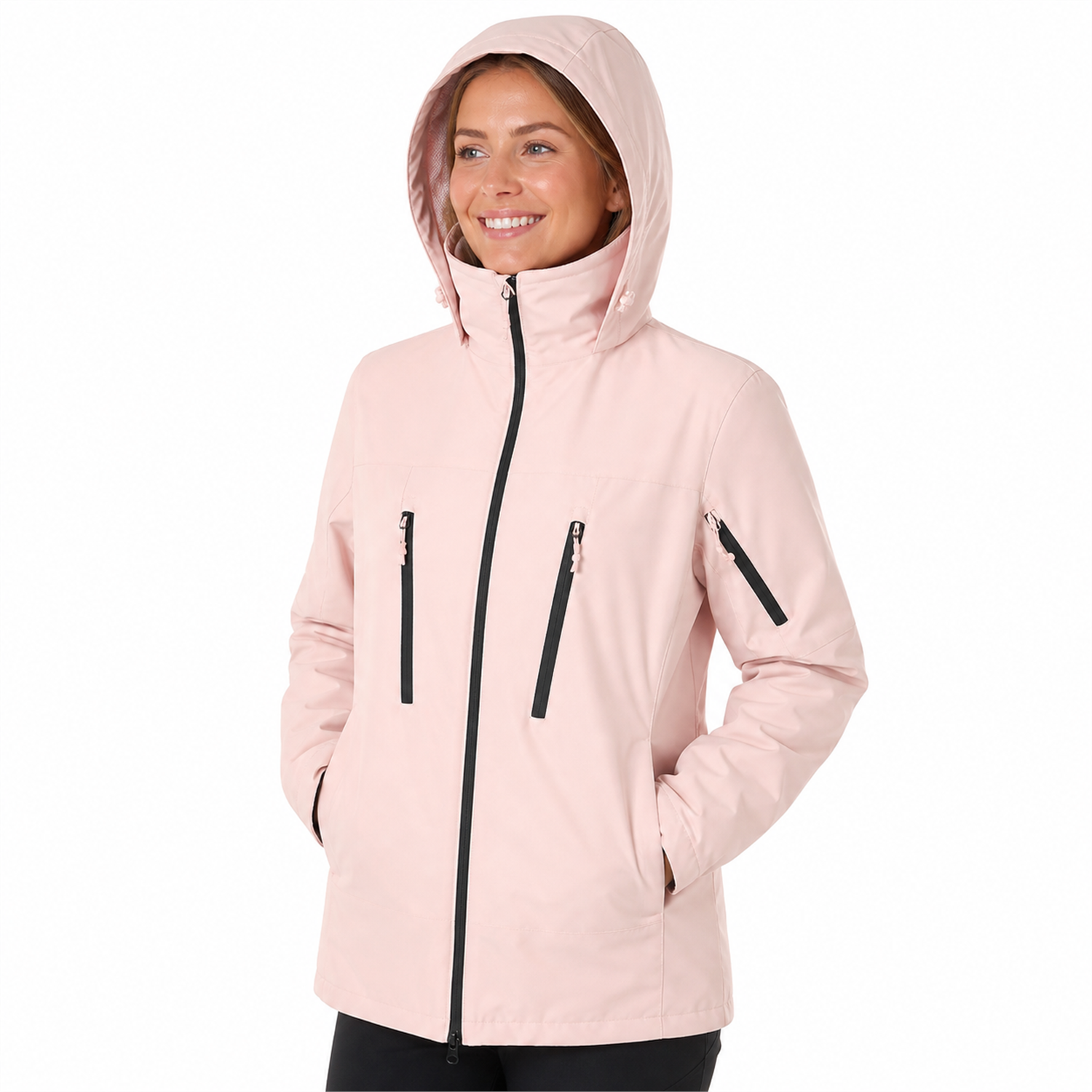 Women's Kestrel 3-in-1 jacket in blush pink with hood up