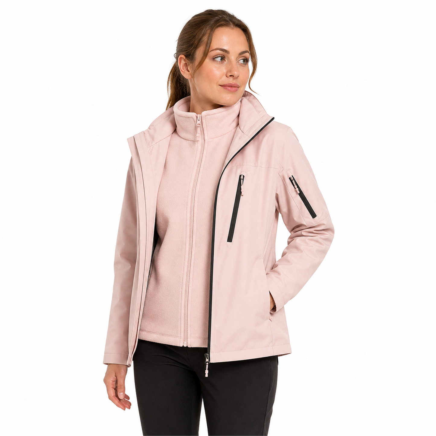 Women's Kestrel 3-in-1 jacket in blush pink showing the removable fleece layer