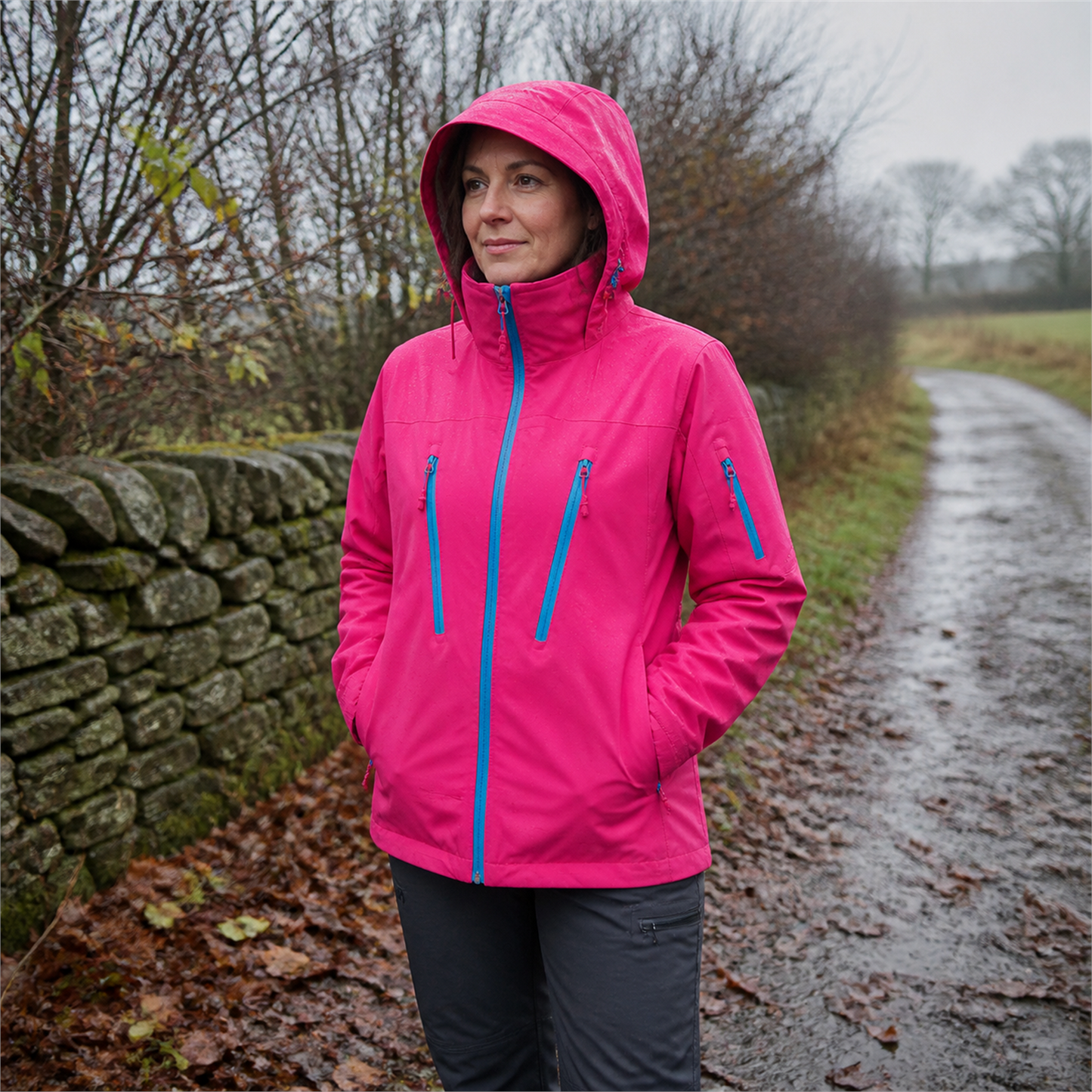 Women's hot pink Kestrel jacket in wet British countryside