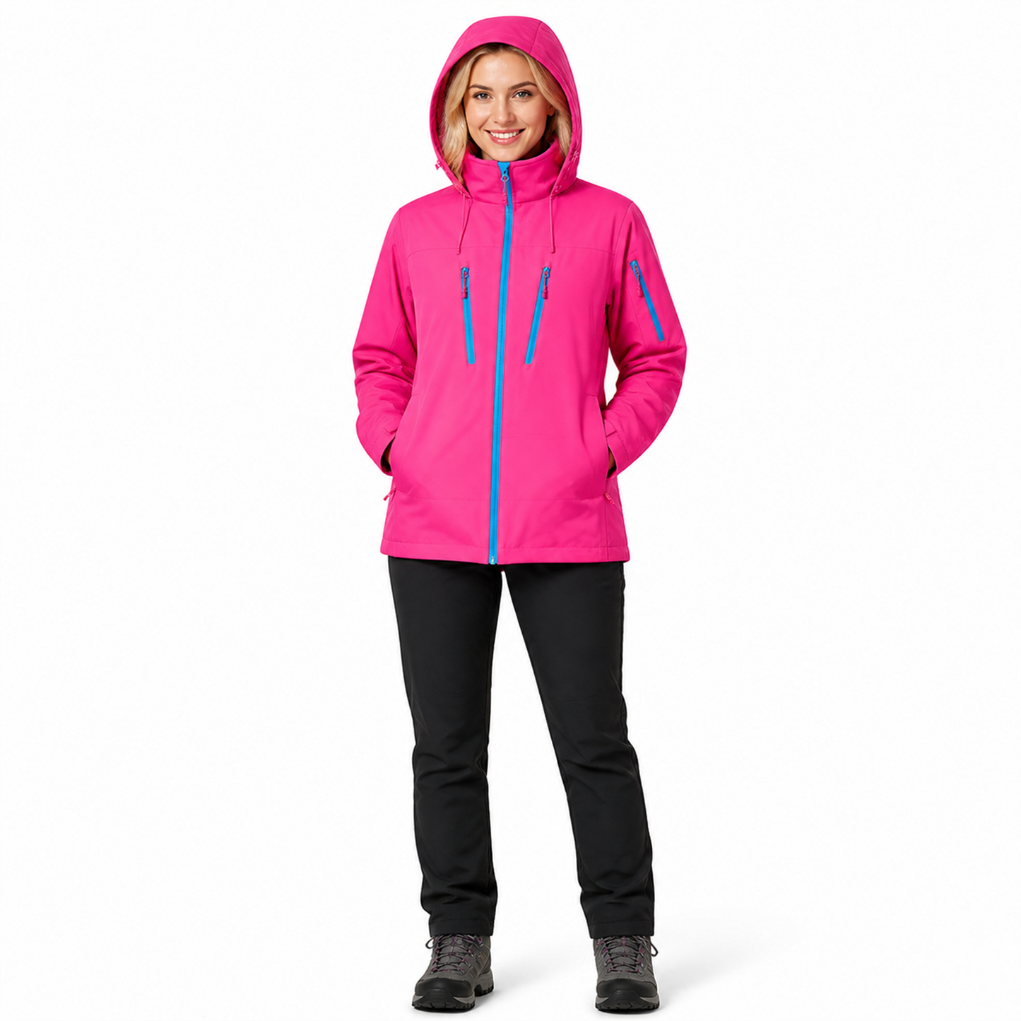 Women's Kestrel 3-in-1 jacket in hot pink with hood up