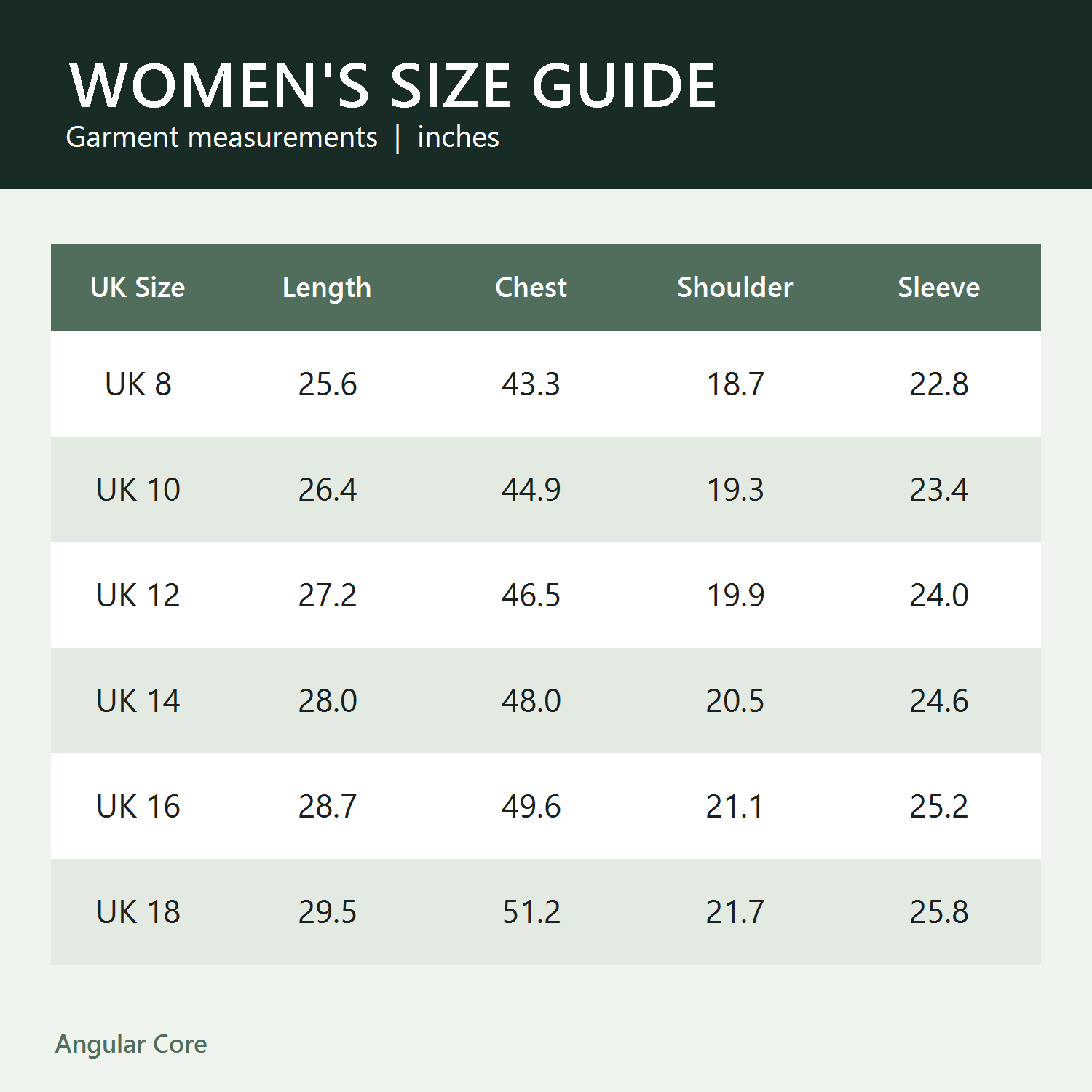 Women's Kestrel jacket UK size guide in inches