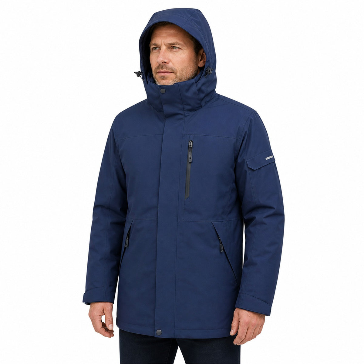 Men wearing the Navy Derwent jacket fully zipped with hood up