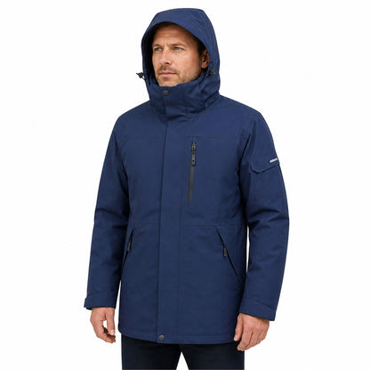 Men wearing the Navy Derwent jacket fully zipped with hood up