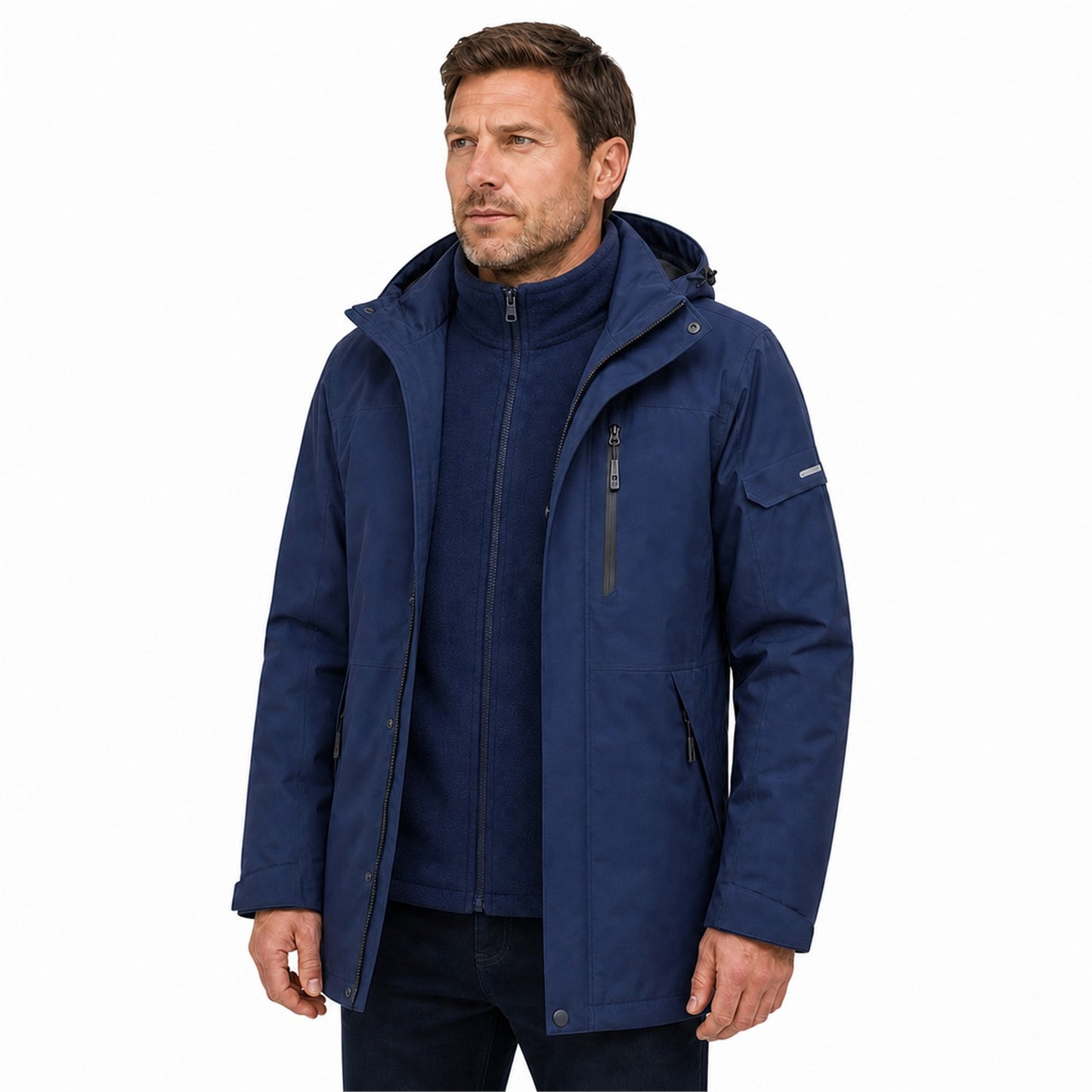 Men wearing the Navy Derwent jacket open over its colour-matched fleece