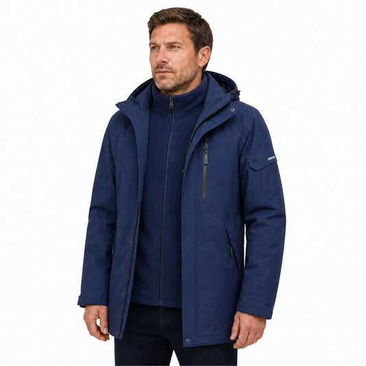 Men wearing the Navy Derwent jacket open over its colour-matched fleece