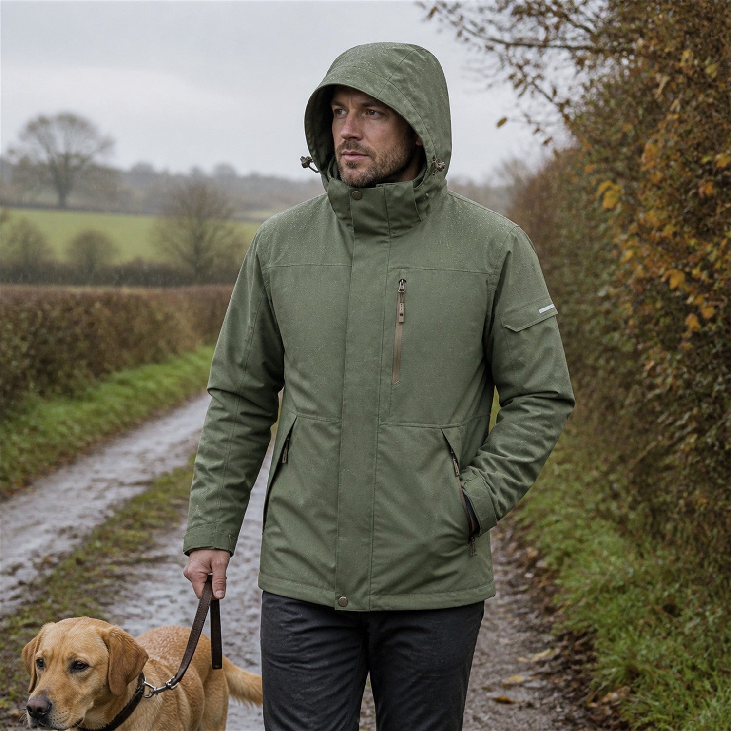 Men wearing the Sage Green Derwent jacket on a rainy dog walk