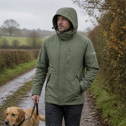 Men wearing the Sage Green Derwent jacket on a rainy dog walk