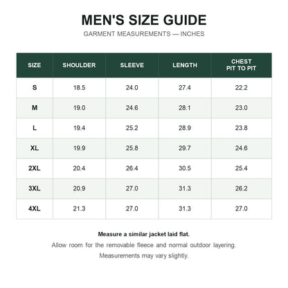 Derwent men's jacket size guide in inches