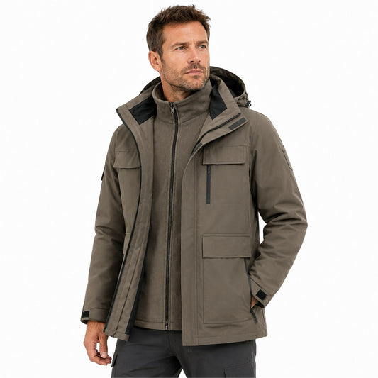 Man wearing the Brown Ribble jacket open over its colour-matched fleece