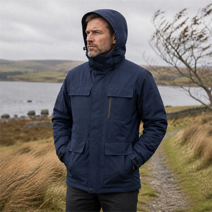 Man wearing the Navy Ribble jacket in windy British lakeside conditions