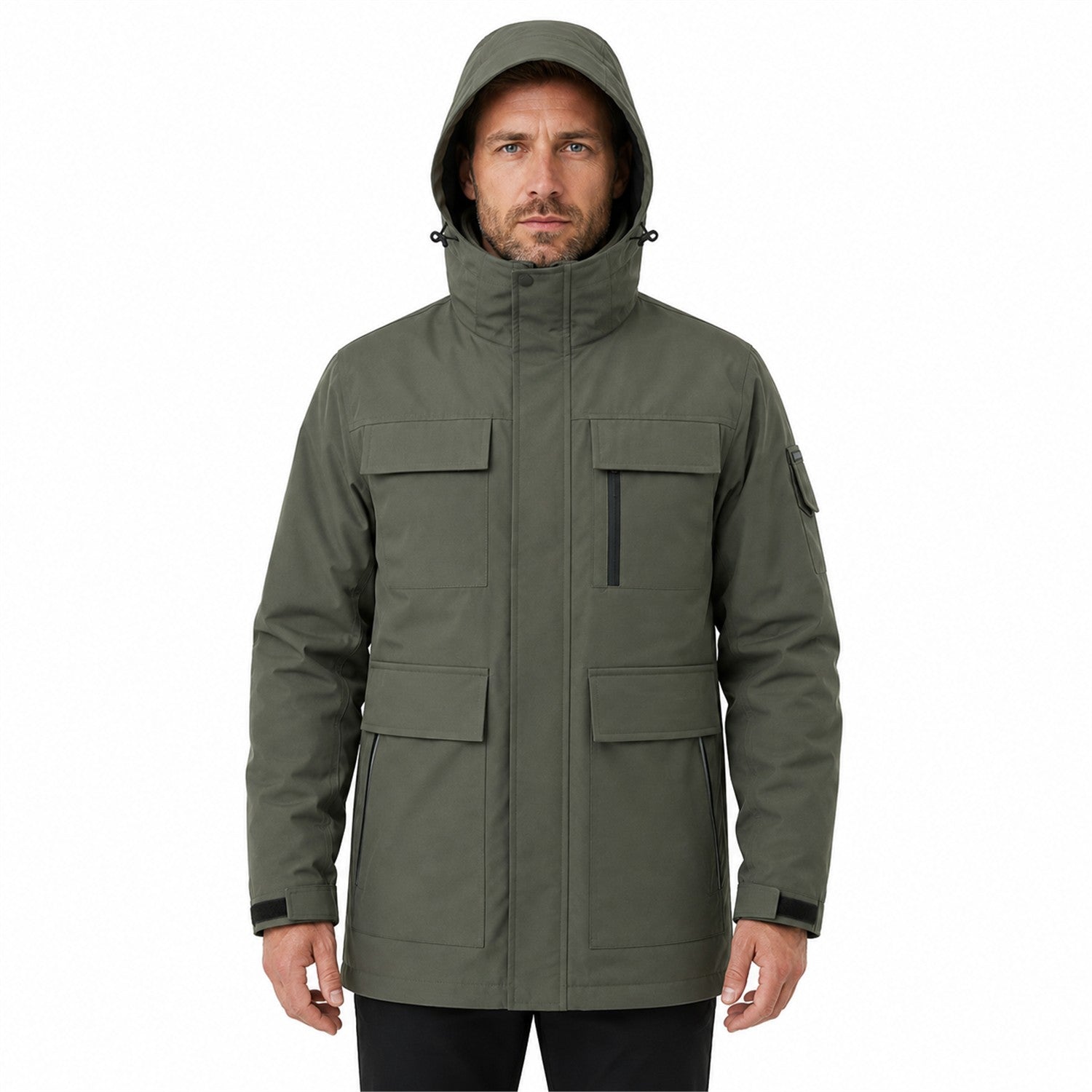 Man wearing the longer Sage Green Ribble jacket fully fastened with hood up