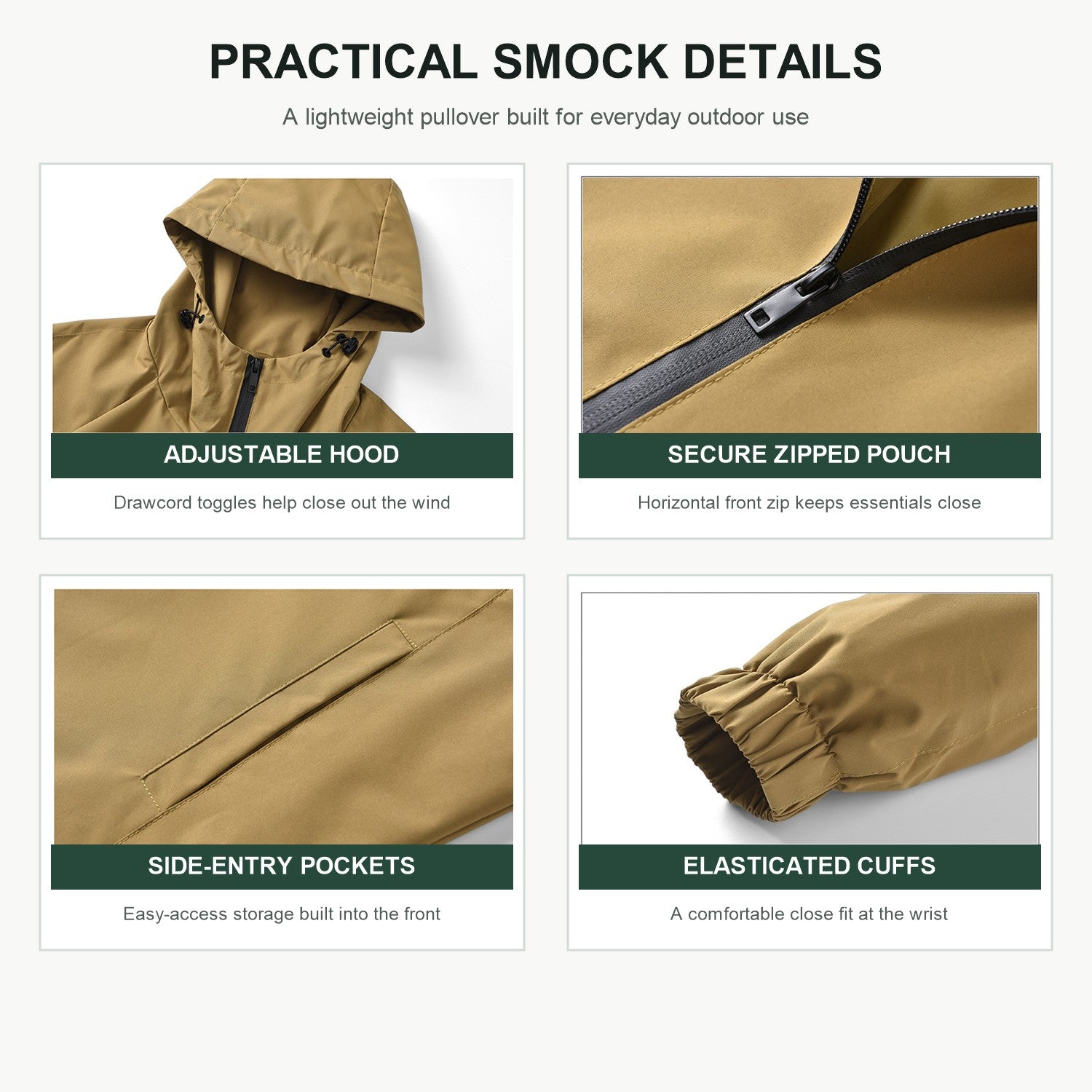 Rivington smock jacket hood, pockets and cuff details