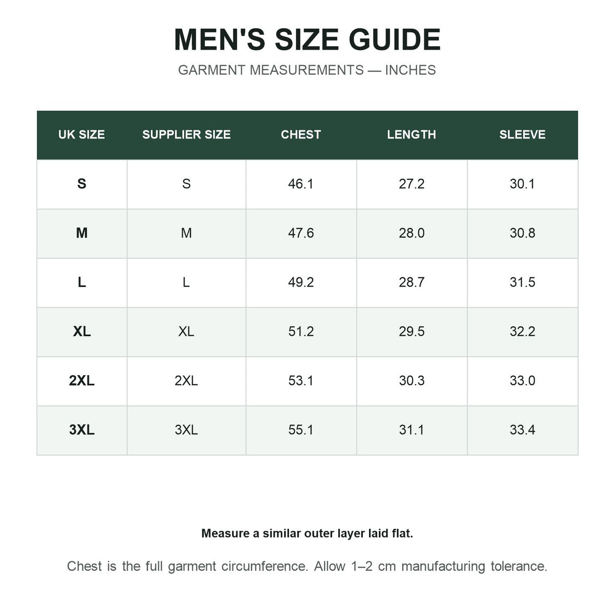 Rivington men's smock jacket UK size guide in inches