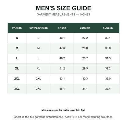 Rivington men's smock jacket UK size guide in inches