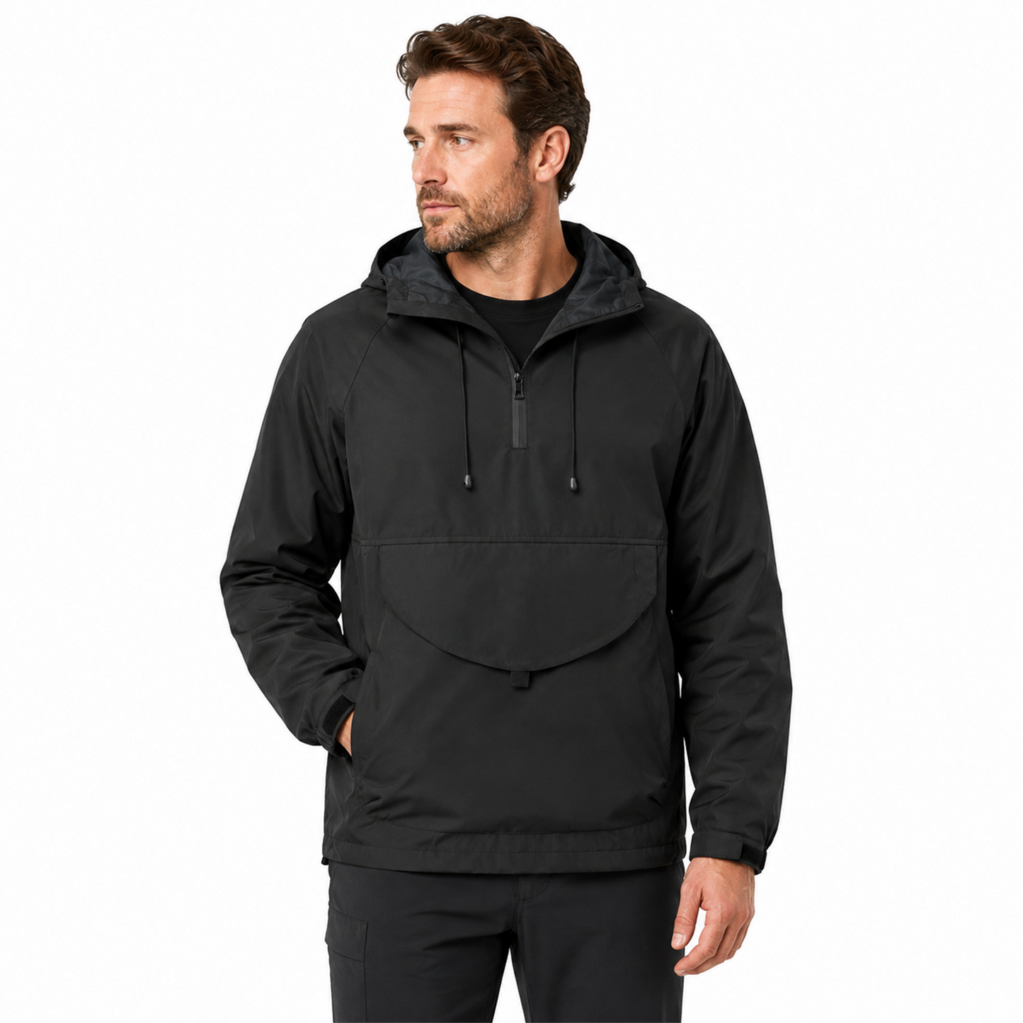 Arden black men's smock jacket on model