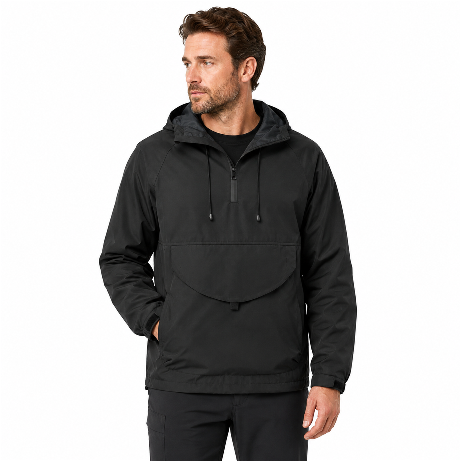Arden black men's smock jacket on model