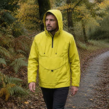 Arden yellow smock jacket on a British woodland trail