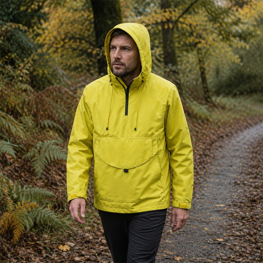 Arden yellow smock jacket on a British woodland trail