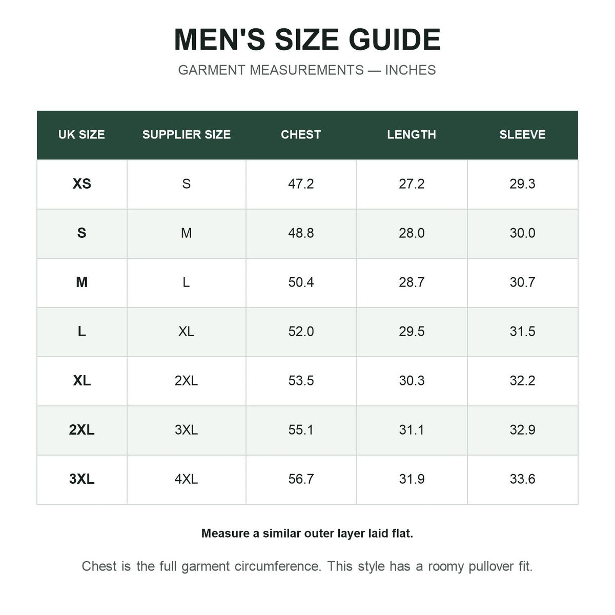 Arden men's smock jacket UK size guide in inches