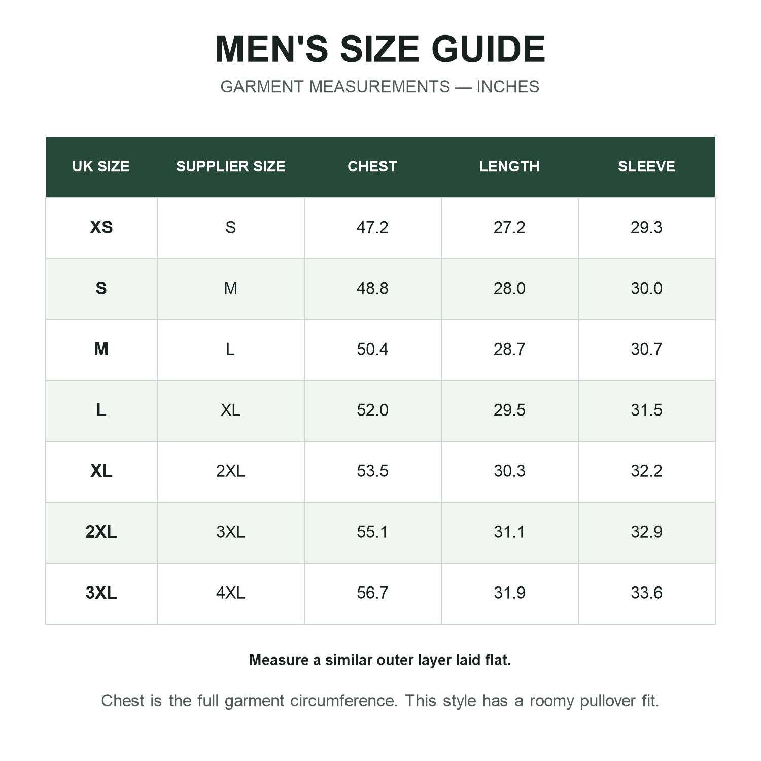 Arden men's smock jacket UK size guide in inches