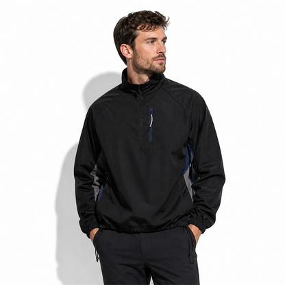 Man wearing black Grizedale smock jacket on white