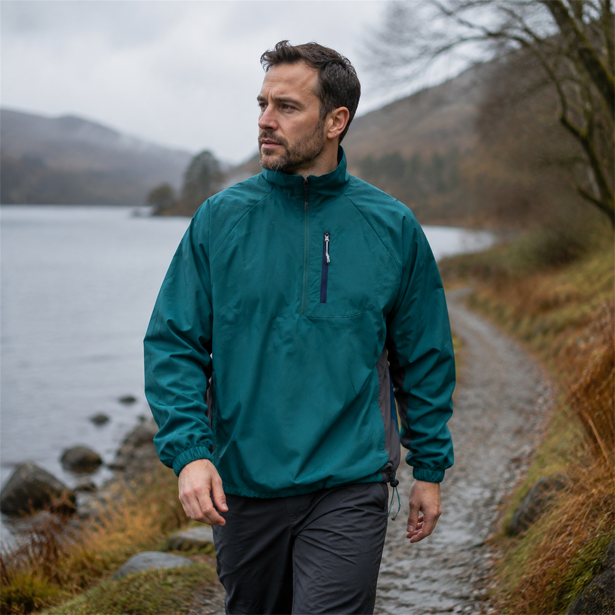 Man wearing blue Grizedale smock outdoors in Britain