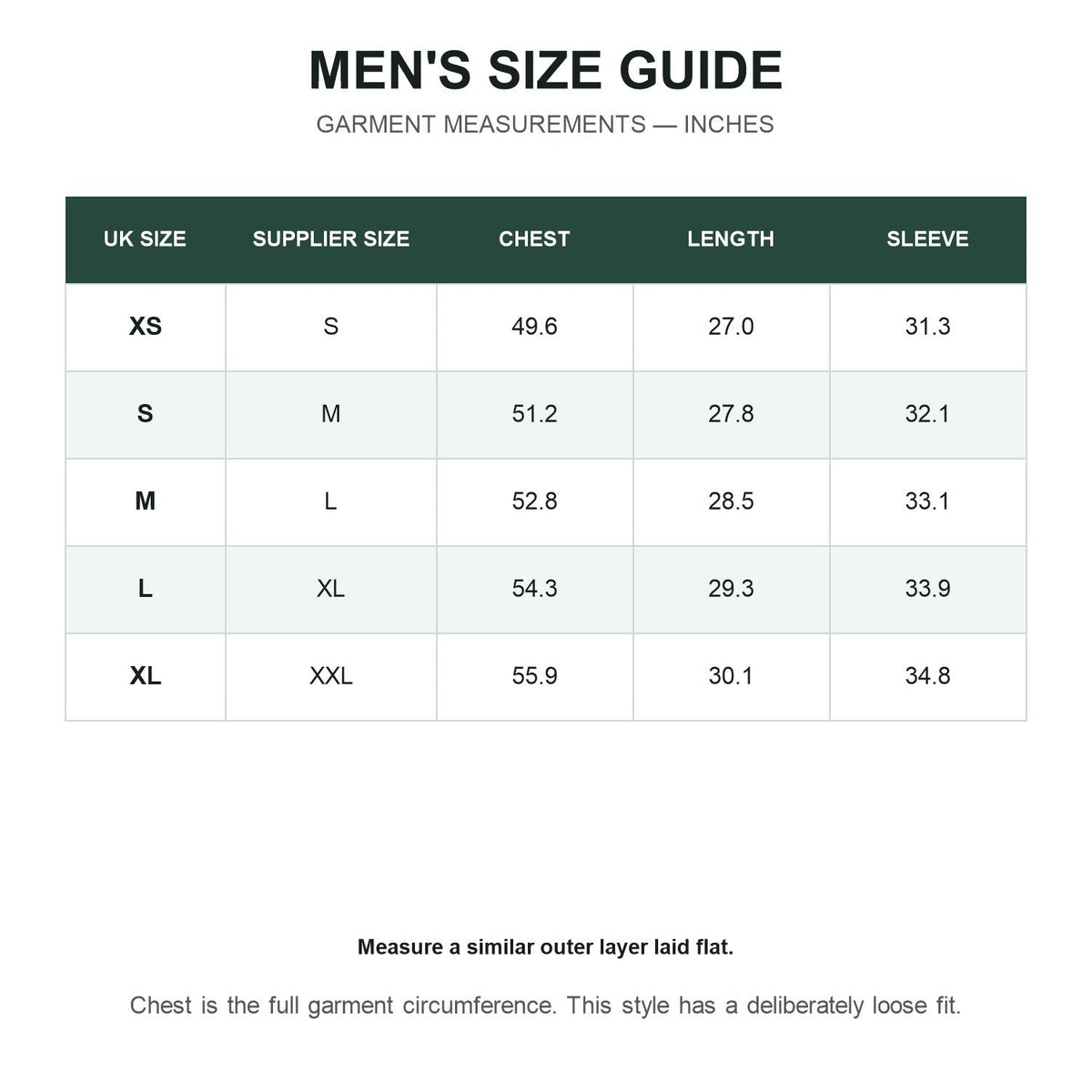 Grizedale men's smock size guide in inches