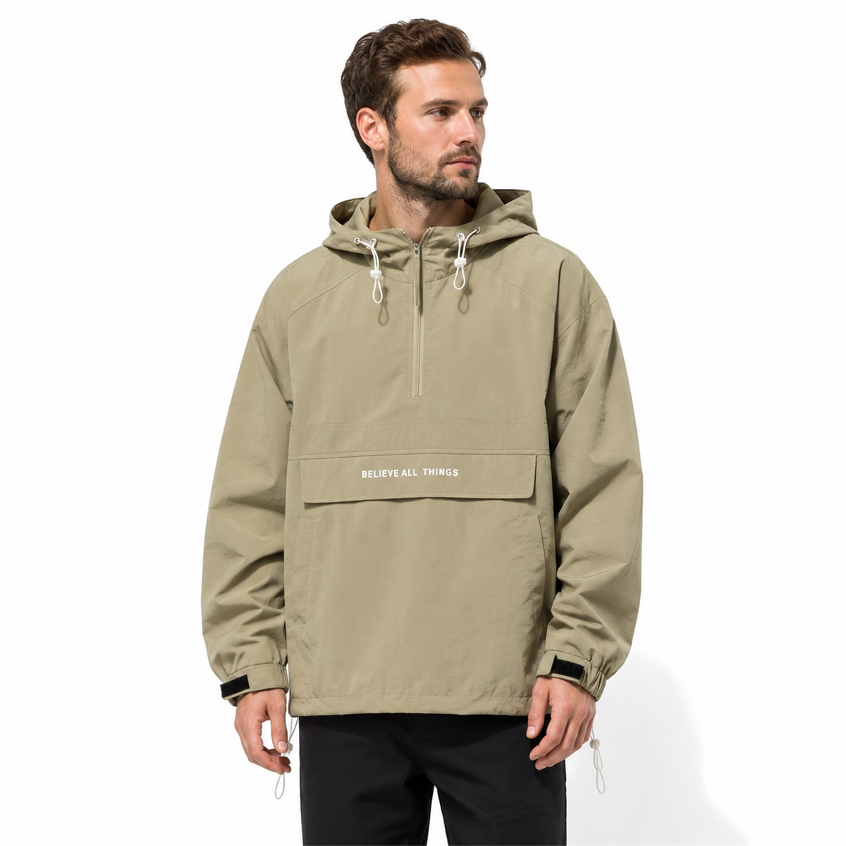 Man wearing Sage Green Haworth smock jacket on white