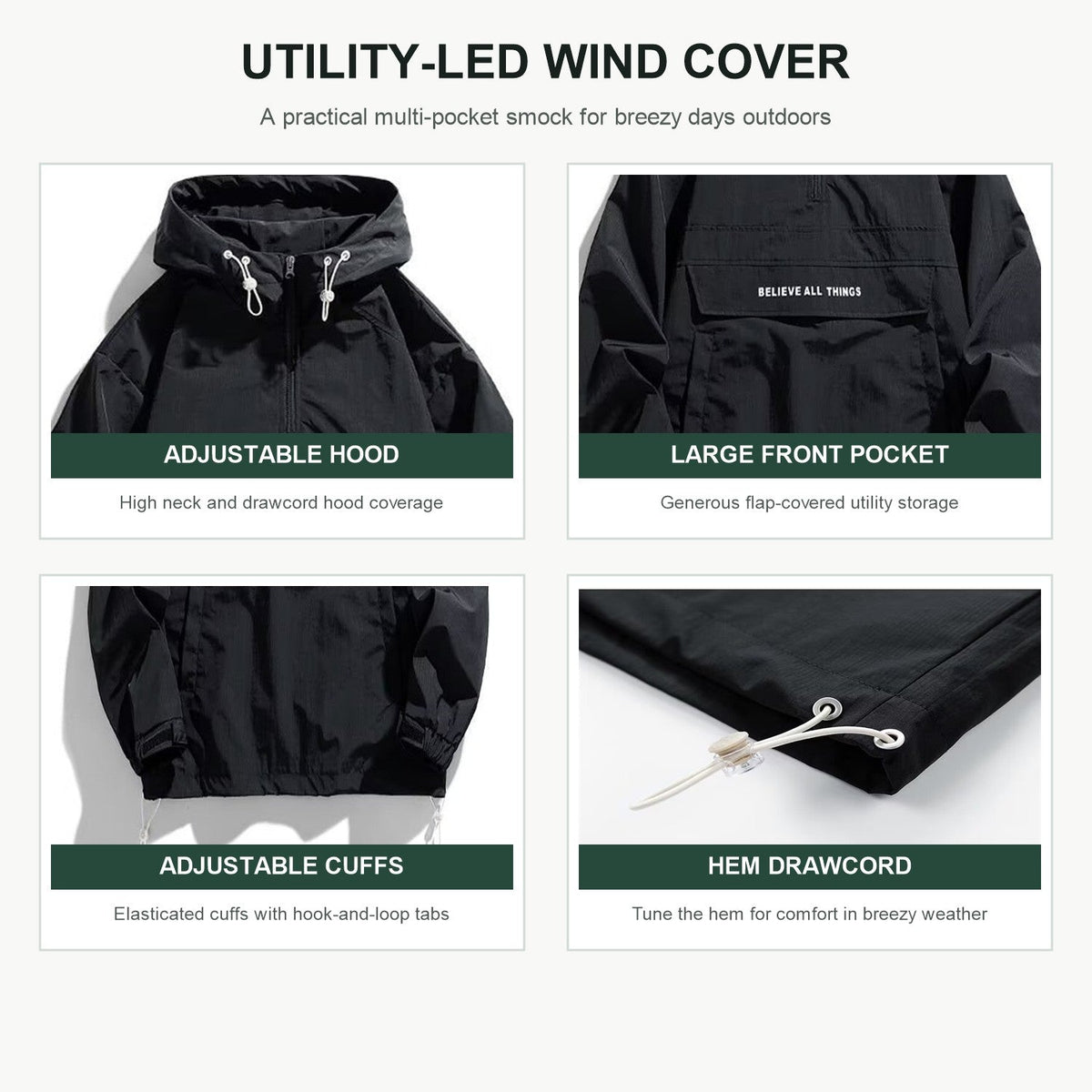 Haworth windproof smock jacket key details