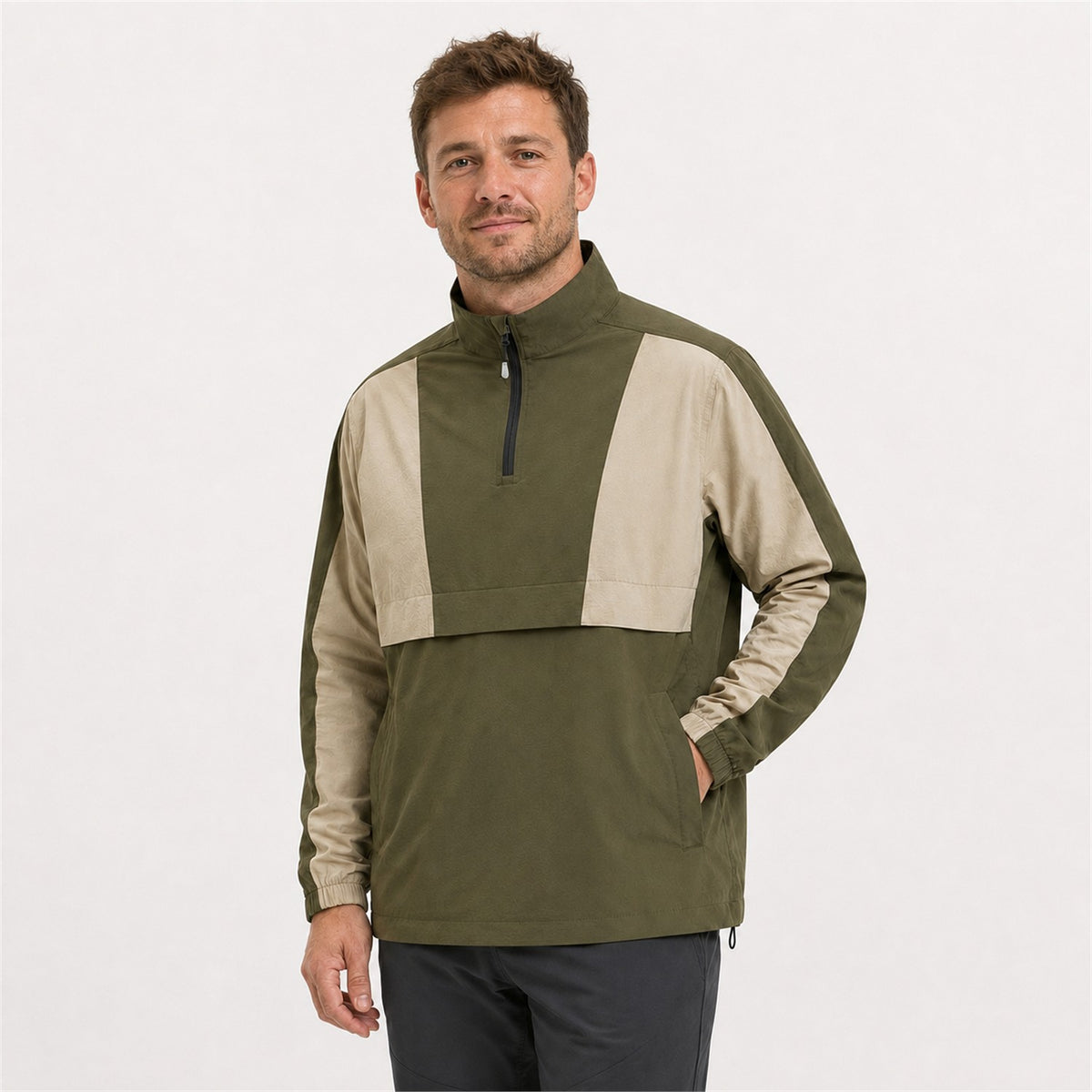 Eskdale men's lightweight half-zip smock - olive model white outdoor v3