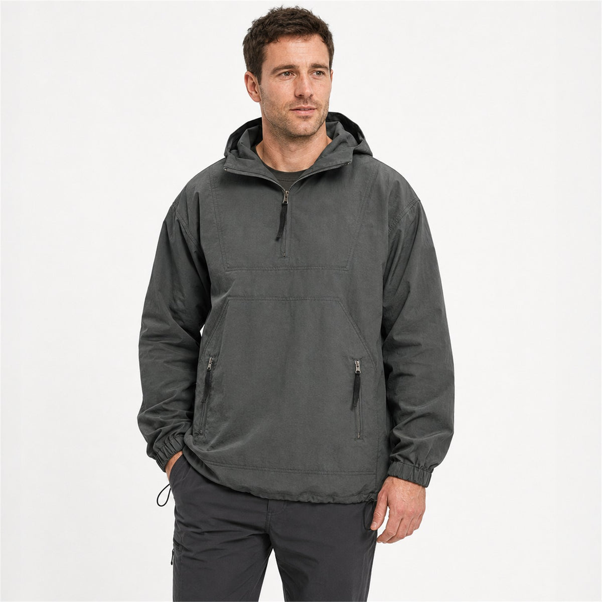 Calderdale men's hooded utility smock - grey model white