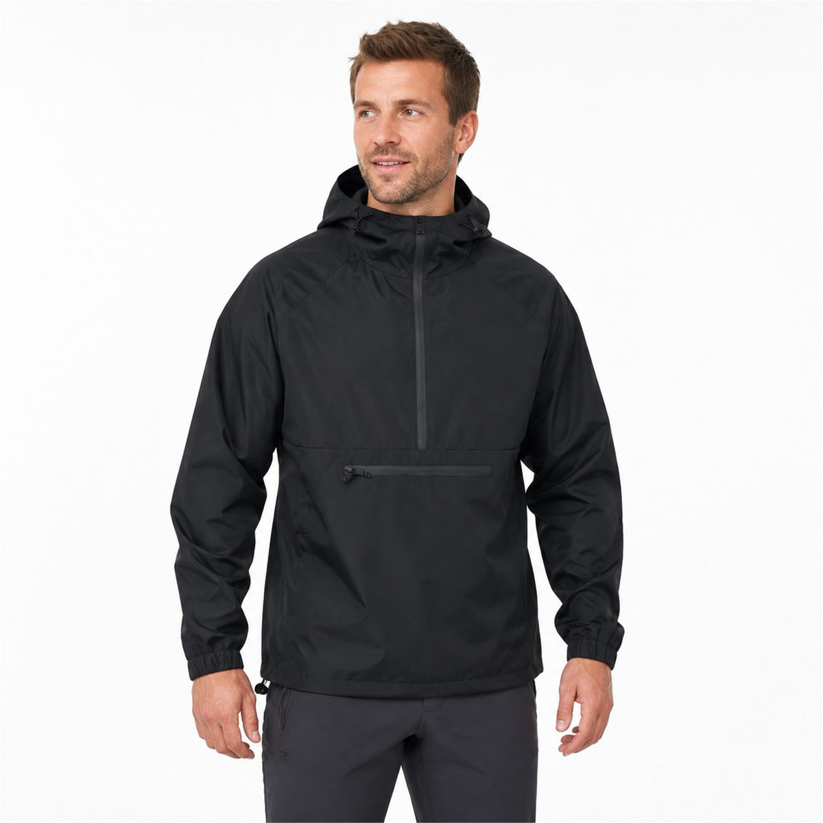 Nidderdale men's hooded half-zip smock - black model white