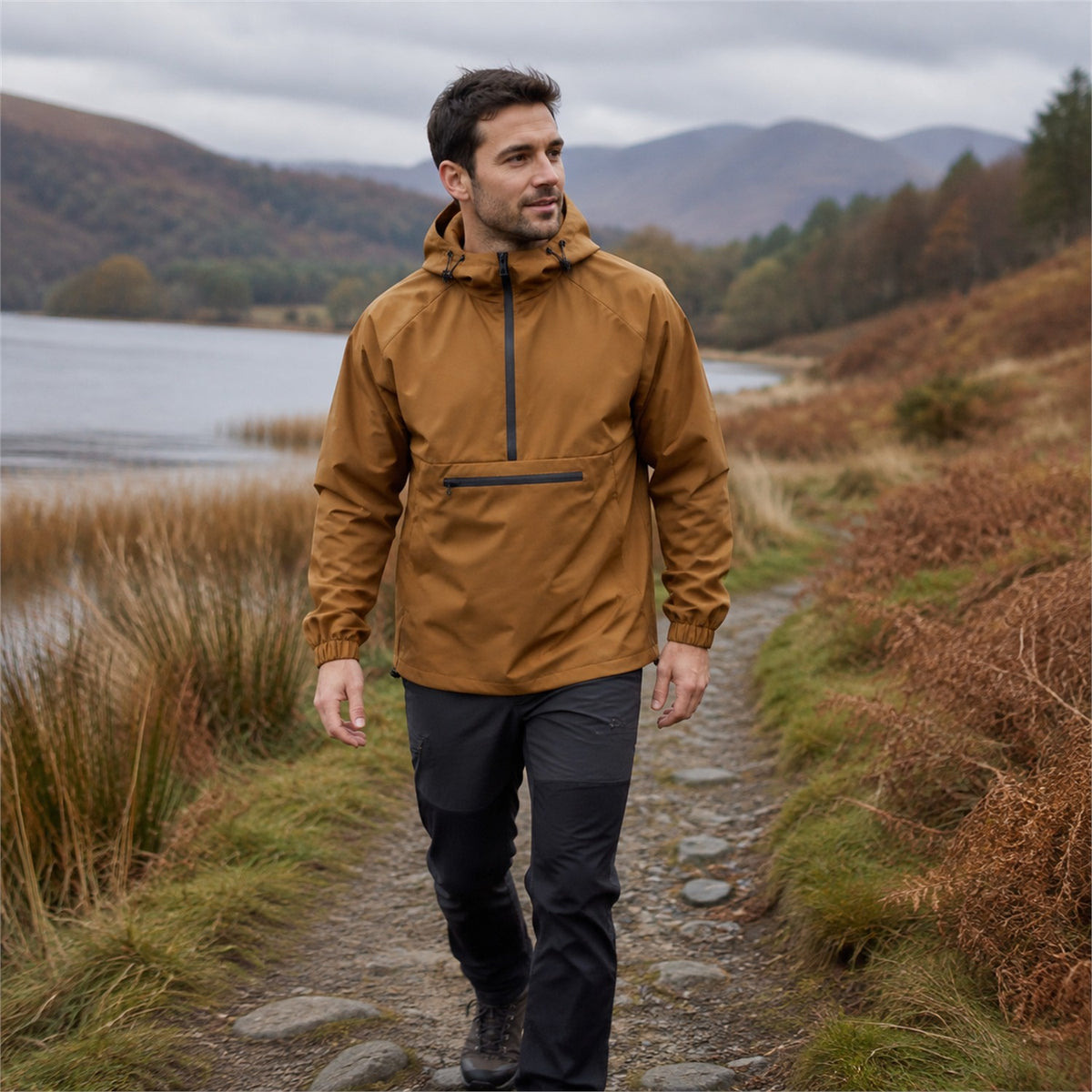 Nidderdale men's hooded half-zip smock - brown outdoor