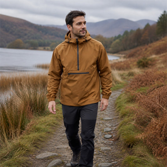 Nidderdale men's hooded half-zip smock - brown outdoor