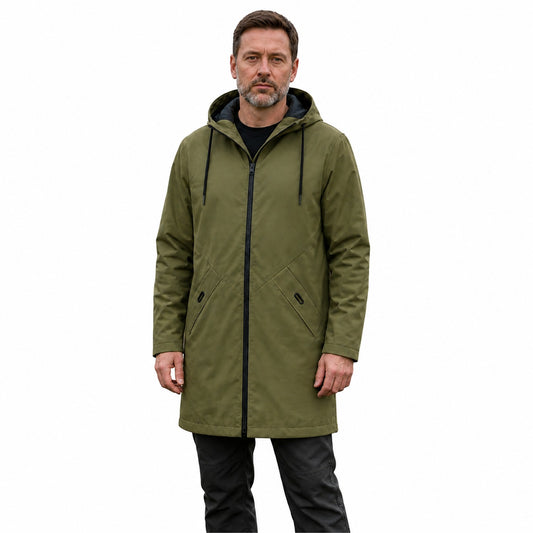 Moorland men's longline hooded windbreaker in army green, white-background model