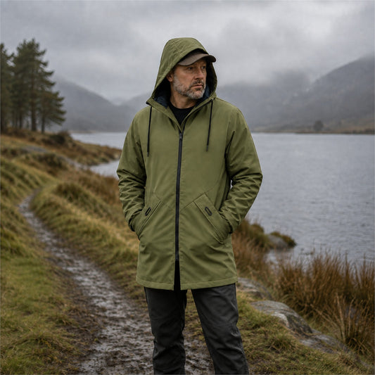 Moorland men's longline hooded windbreaker jacket in army green, British lakeside setting