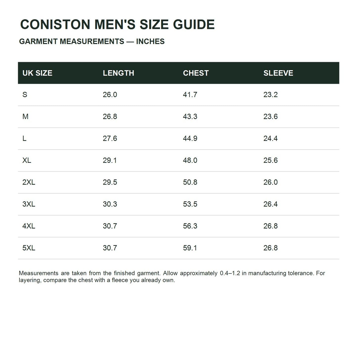 Coniston men's textured fleece midlayer - size guide