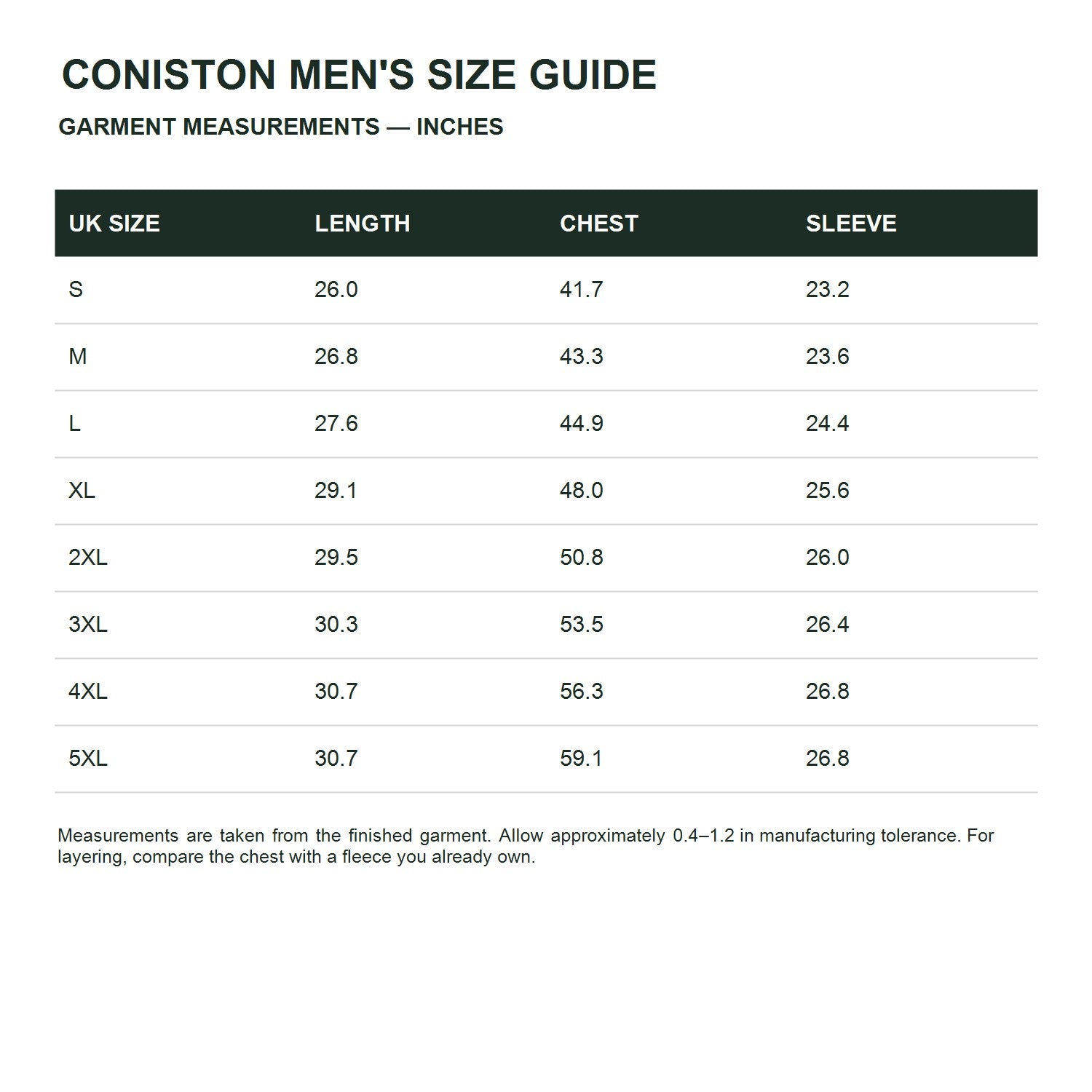 Coniston men's textured fleece midlayer - size guide