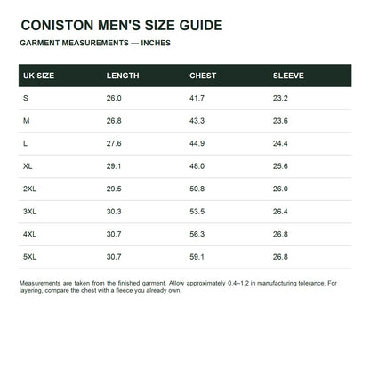 Coniston men's textured fleece midlayer - size guide