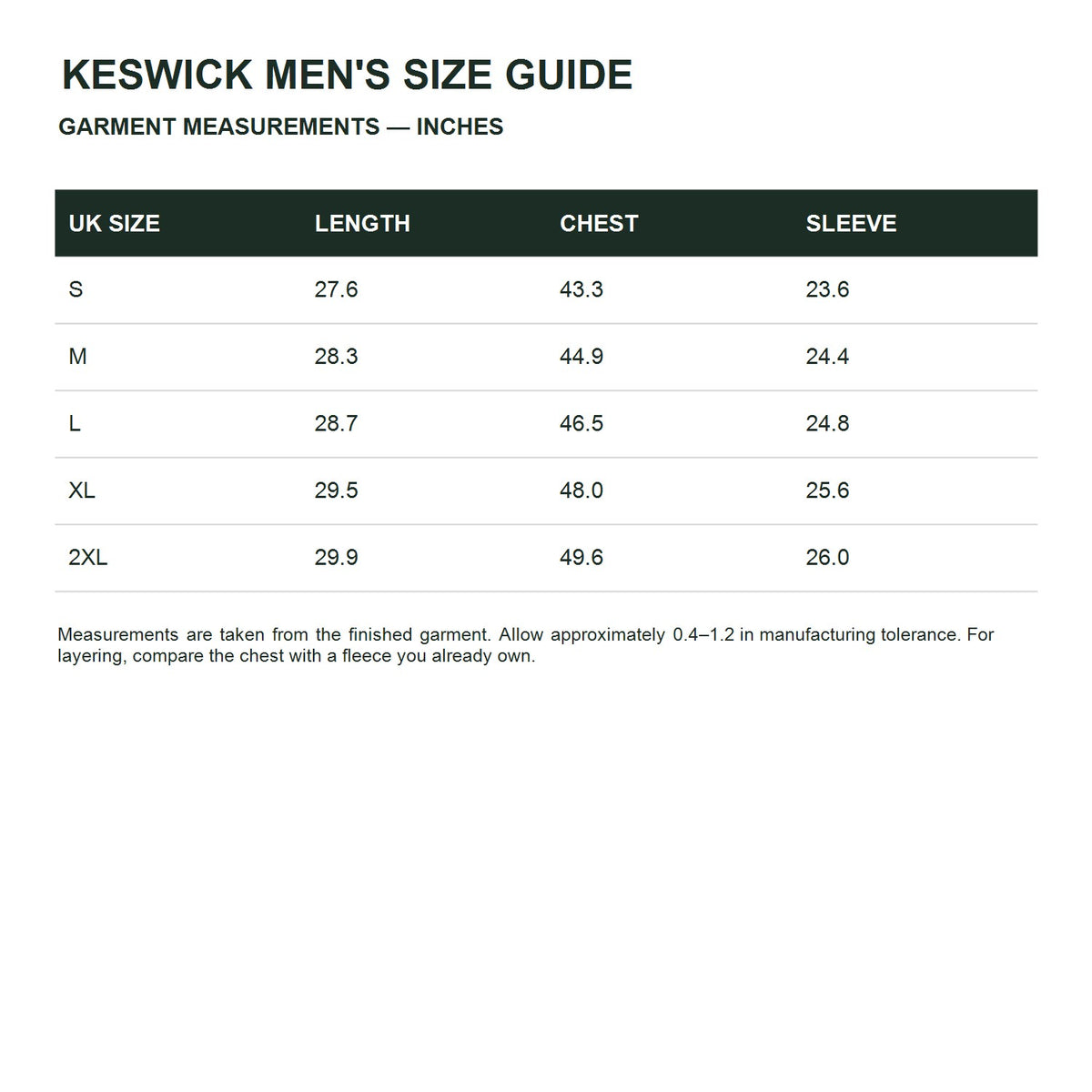Keswick men's fleece midlayer - size guide