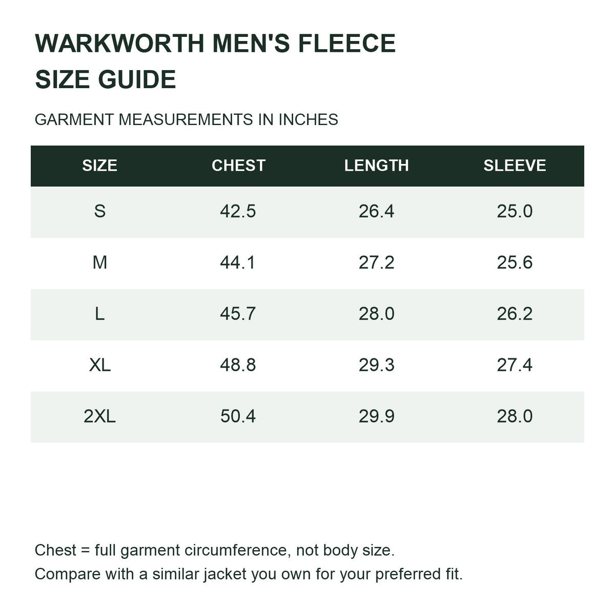 Warkworth fleece midlayer — men size guide