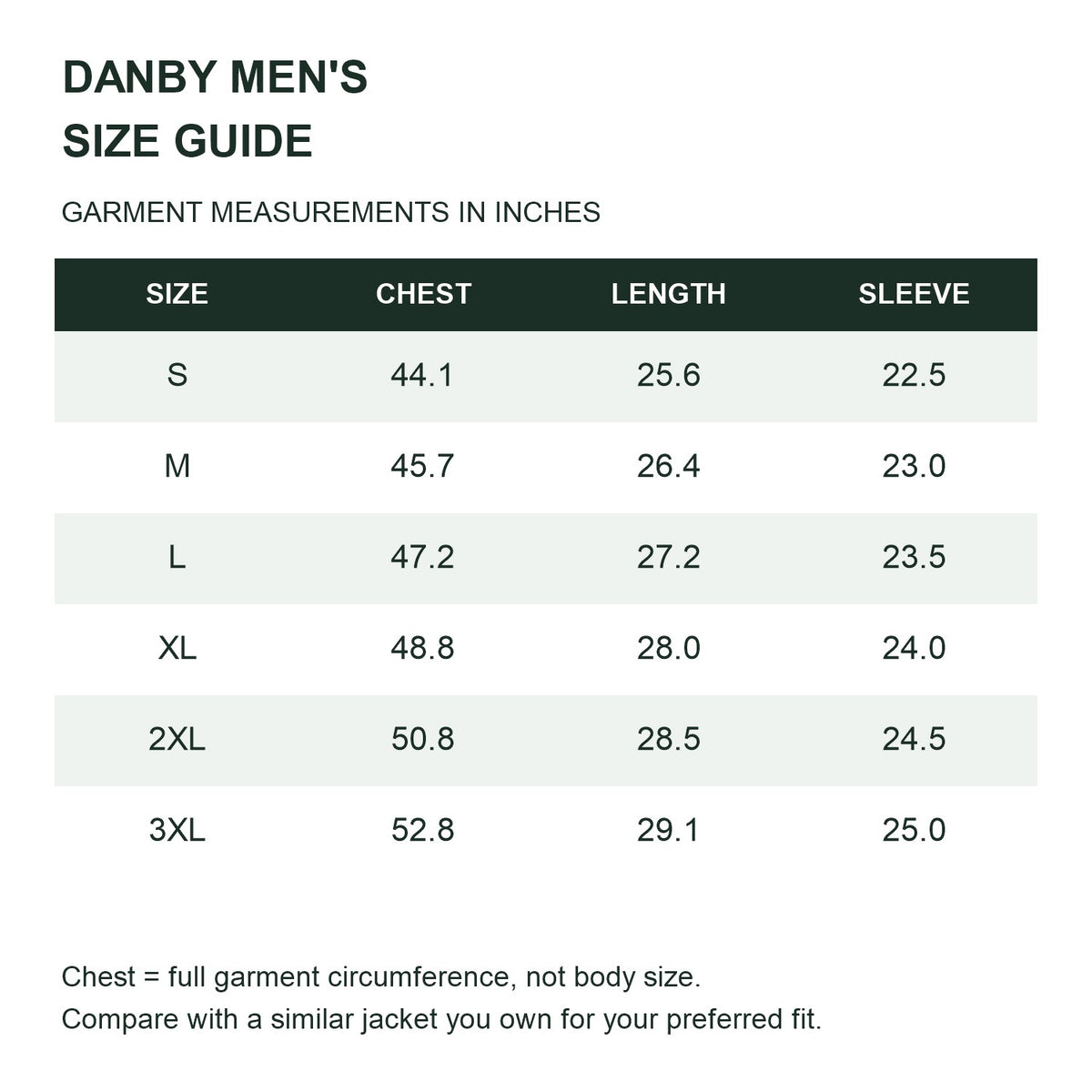 Danby lightweight hooded down jacket — men size guide