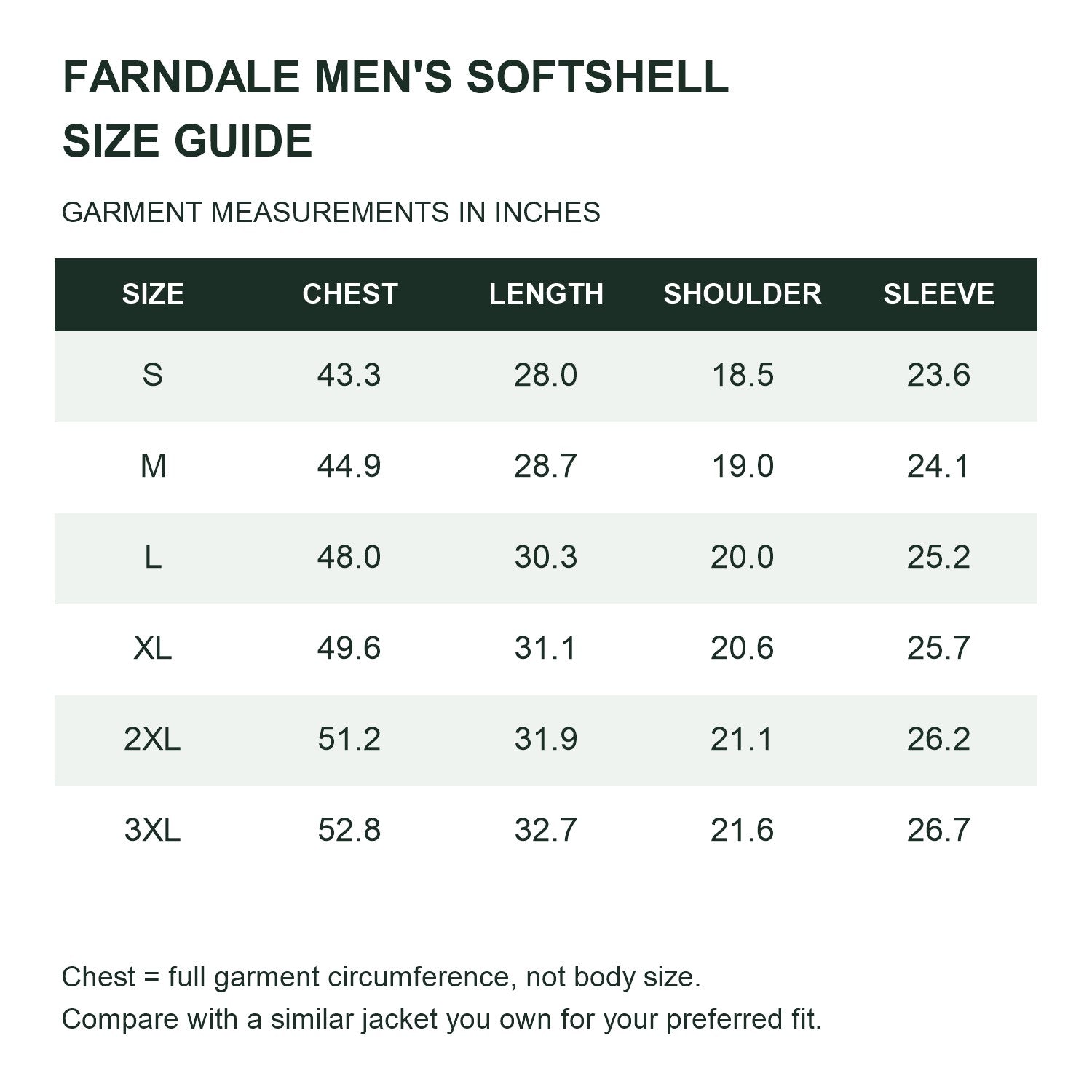 Farndale hooded softshell jacket — men size guide