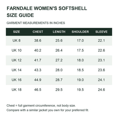 Farndale hooded softshell jacket — women size guide