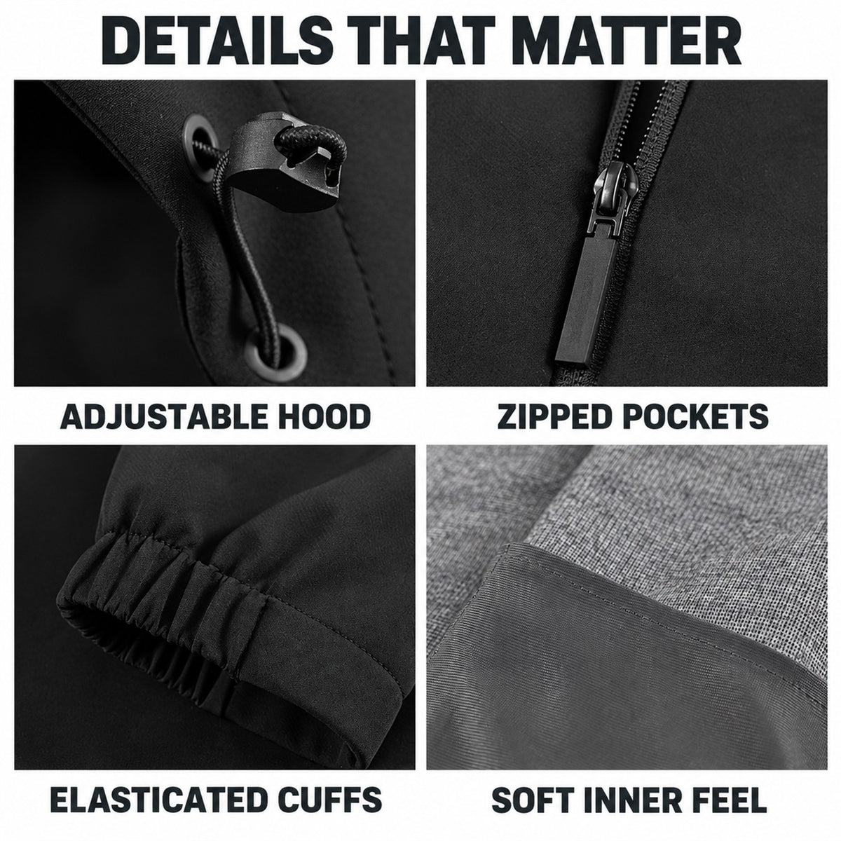 Bilsdale jacket details: hood adjustment, zipped pockets, elasticated cuffs and soft inner fabric